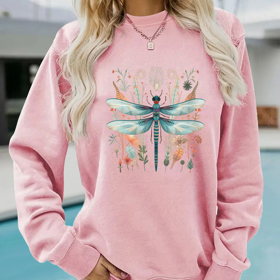 Damen Sweatshirt mit einzigartigem Libellen-Print und botanischem Design