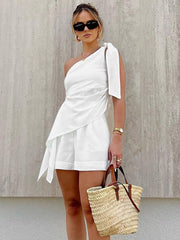 Damen Zweiteiler – Leichter Stoff – One-Shoulder-Top & Shorts – Sommer-Look
