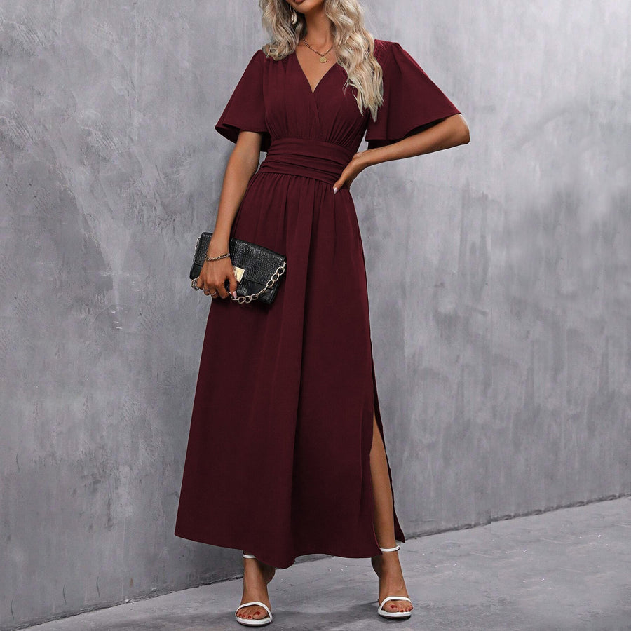 Schwarzes Maxikleid Damen – V-Ausschnitt, Schlitz & Flatterärmel