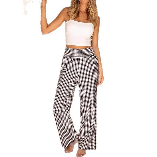 Damen weite Karohose mit elastischem Bund und Eingrifftaschen