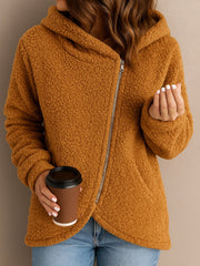 Damen Fleecejacke mit asymmetrischem Reißverschluss und Kapuze