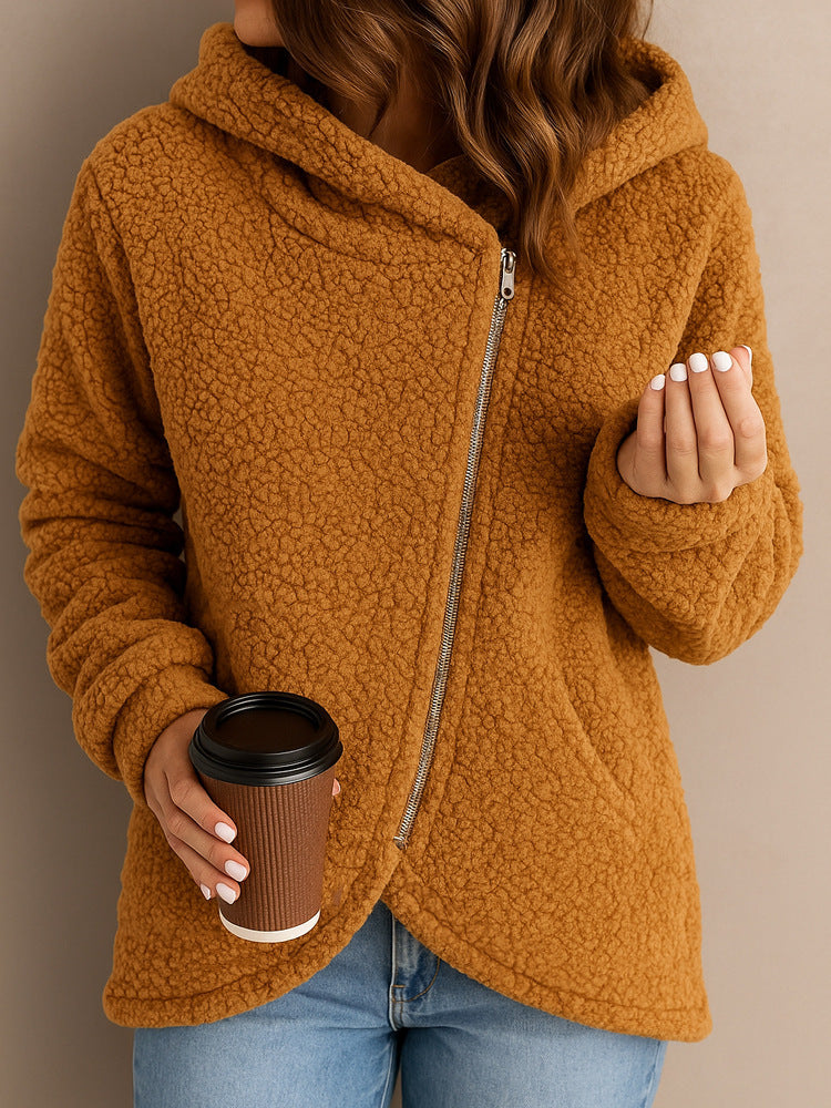 Damen Fleecejacke mit asymmetrischem Reißverschluss und Kapuze