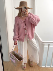 Einfarbiger Rundhals-Lace-Up-Cardigan