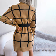 Warmes Kleid | Lockeres Strickkleid mit Karo-muster und langen Ärmeln für dich