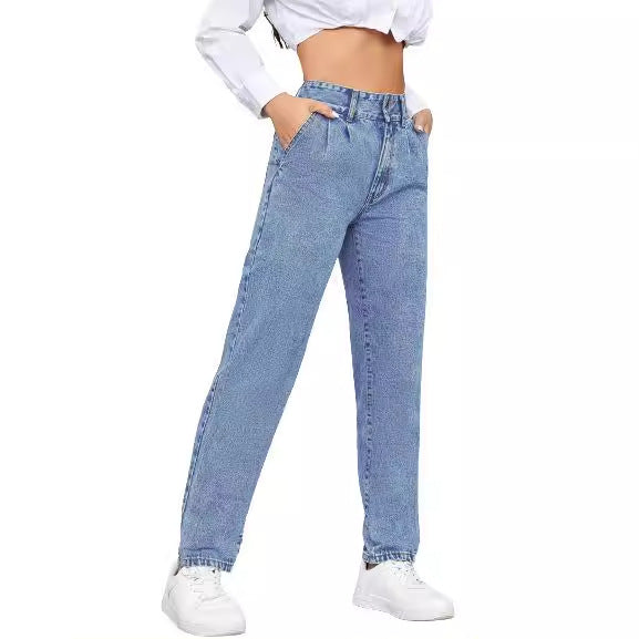 Damen High-Waist Boyfriend Jeans mit klassischem Schnitt und Knopfdetails