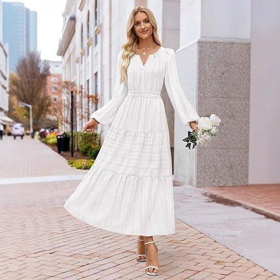 Damen Maxikleid mit eleganten Puffärmeln und gesmoktem Taillenbereich