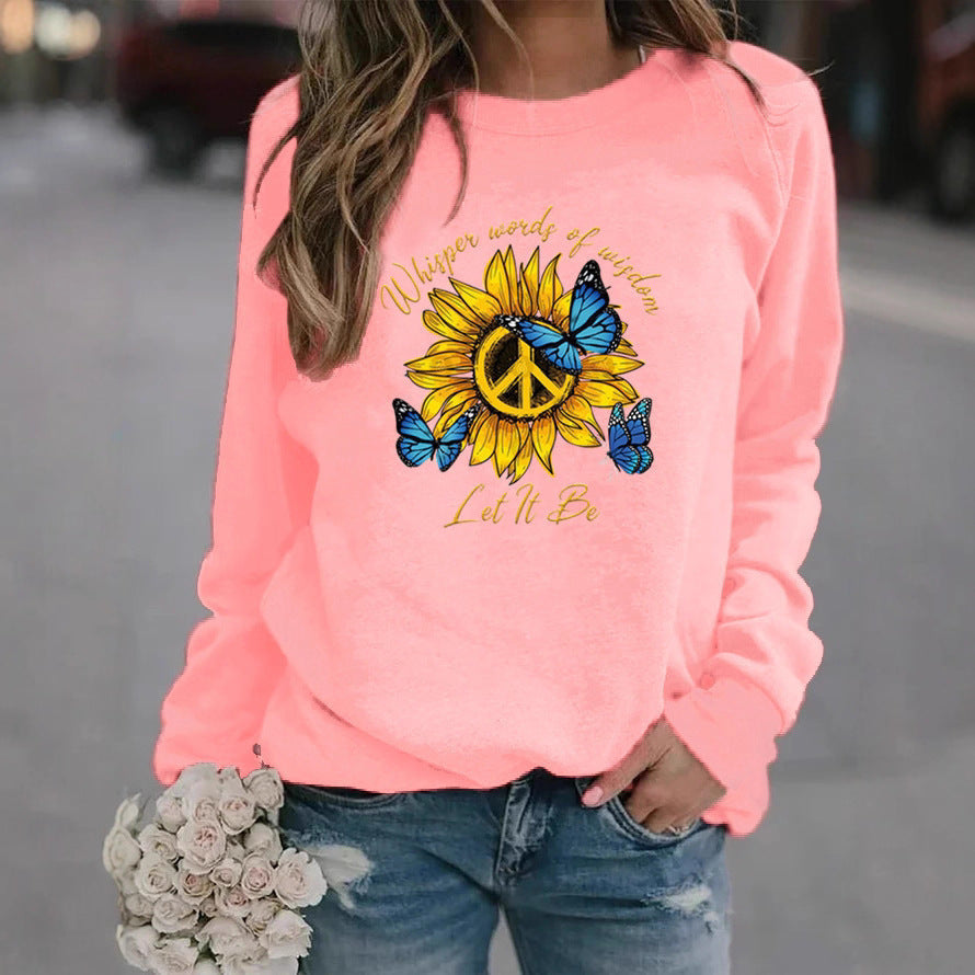 Damen Sweatshirt mit künstlerischem Sonnenblumen- und Schmetterlingsdesign