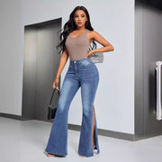 Damen elegante High-Waist Flared Jeans mit seitlichen Schlitzen