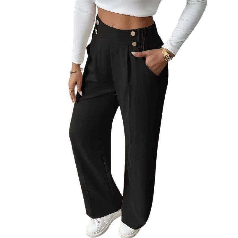 Damen elegante Hochbundhose mit seitlichen Knopfdetails und weitem Bein
