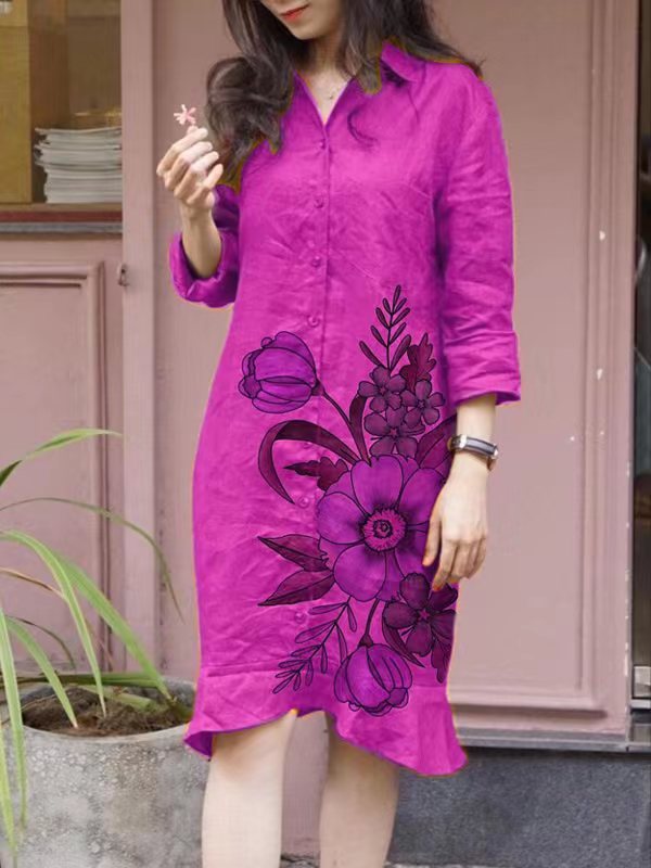 Damen Hemdblusenkleid mit floralen Motiven und tailliertem Schnitt