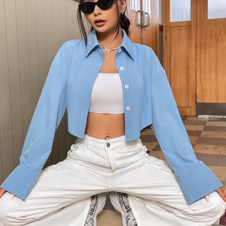 Damen cropped Bluse mit weiten Ärmeln und eleganter Knopfleiste