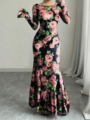 Damen Elegantes Maxikleid mit floralen Rüschendetails und langem Arm