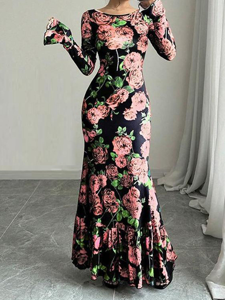 Damen Elegantes Maxikleid mit floralen Rüschendetails und langem Arm