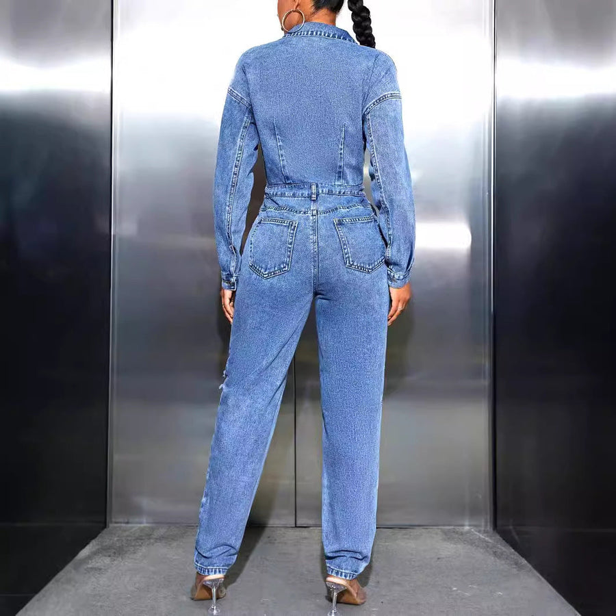 Damen Jeansoverall mit tailliertem Schnitt und modischen Destroyed-Details