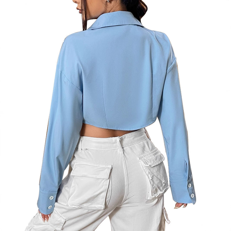 Damen cropped Bluse mit weiten Ärmeln und eleganter Knopfleiste