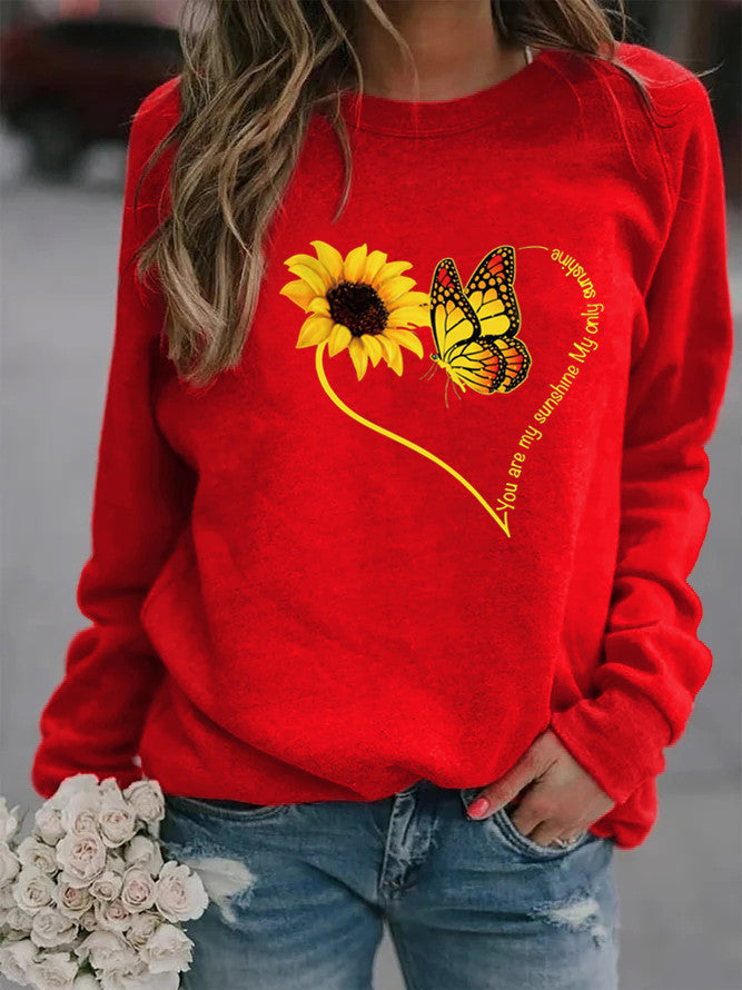 Damen Sweatshirt mit grafischem Schmetterlings- und Sonnenblumenmotiv
