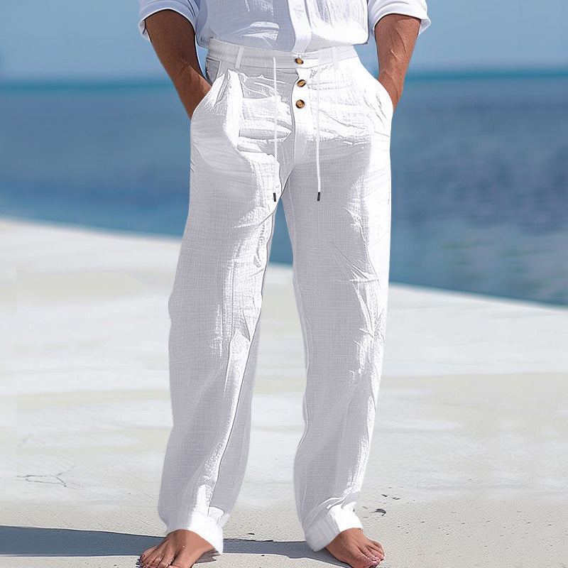 Herren lässige Leinenhose mit hohem Bund und bequemen Taschen Heidi-Mode