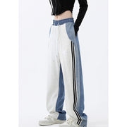 Damen nan weite Jogginghose mit hoher Taille und Jeansstoffeinsätzen sowie Seitenstreifen Drune