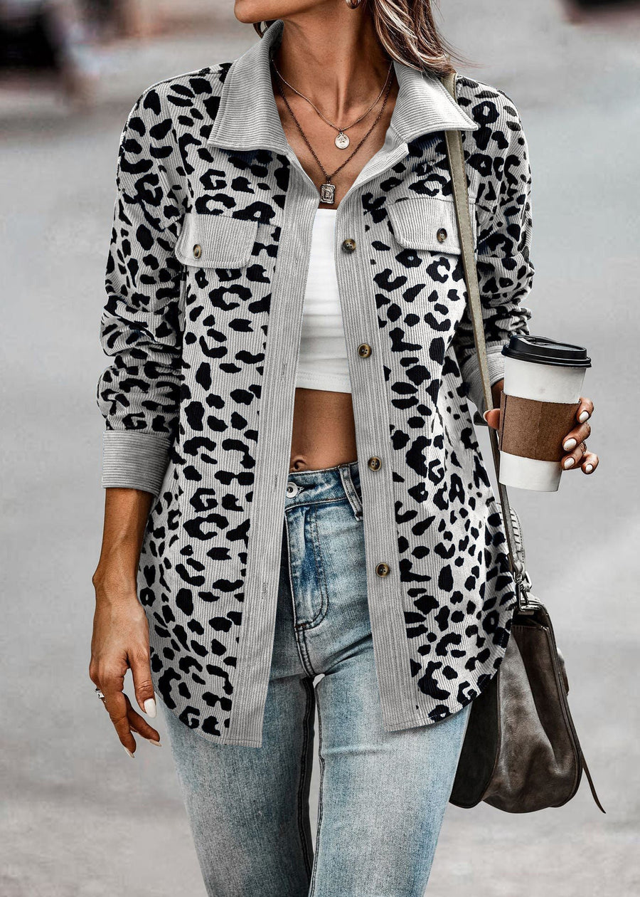 Damen Trendige Kordjacke mit Leo-Print und Brusttaschen