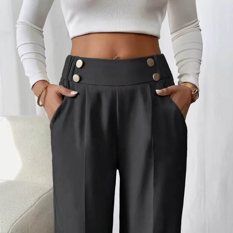 Damen elegante Hochbundhose mit seitlichen Knopfdetails und weitem Bein