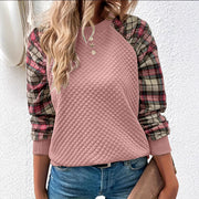 Damen Sweatshirt mit Gitterstruktur und karierten Ärmeln
