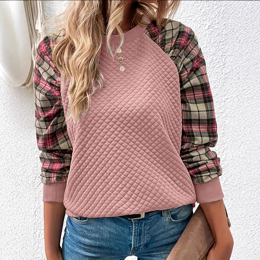 Damen Sweatshirt mit Gitterstruktur und karierten Ärmeln