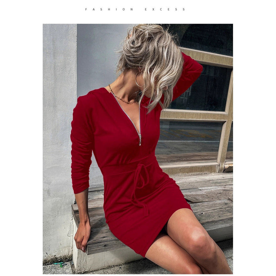 Damen sportliches Kleid mit Reißverschluss und regulierbarem Gürtel