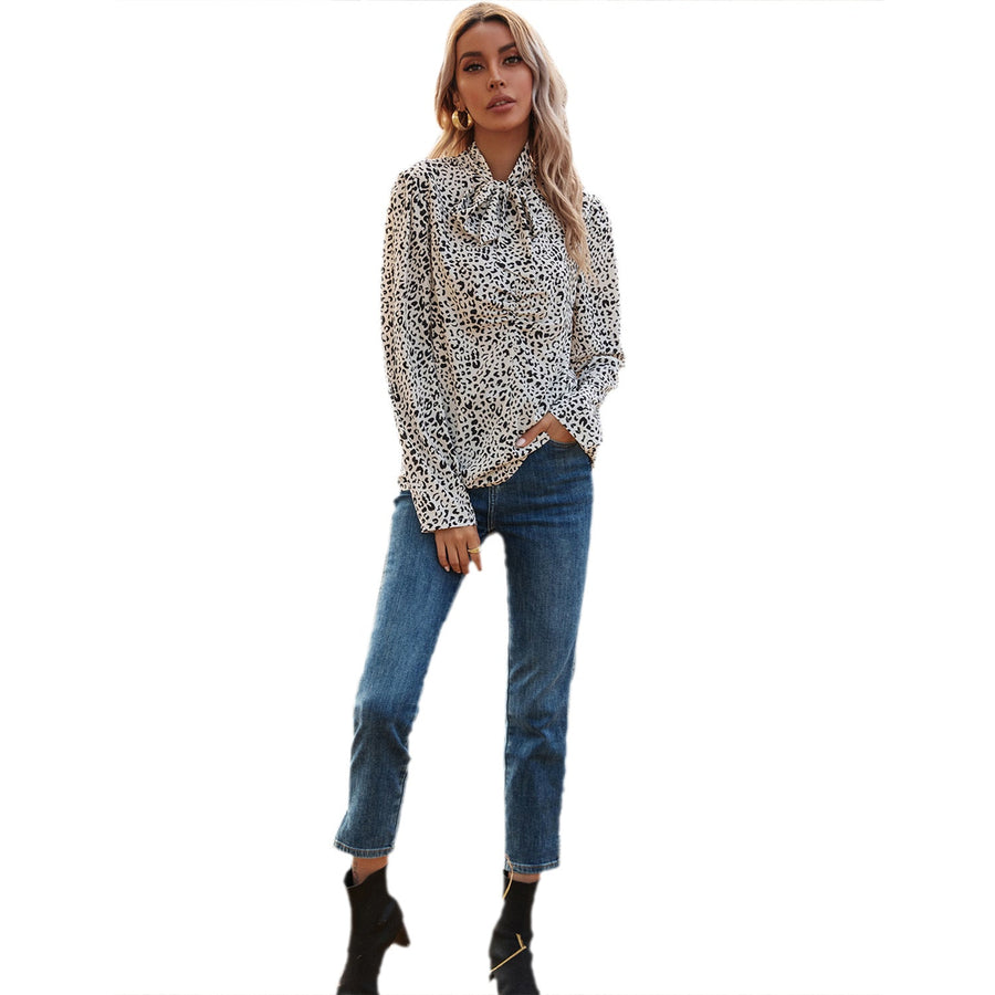 Damen elegante Bluse mit Rüschendetails und edlem Leopardenmuster