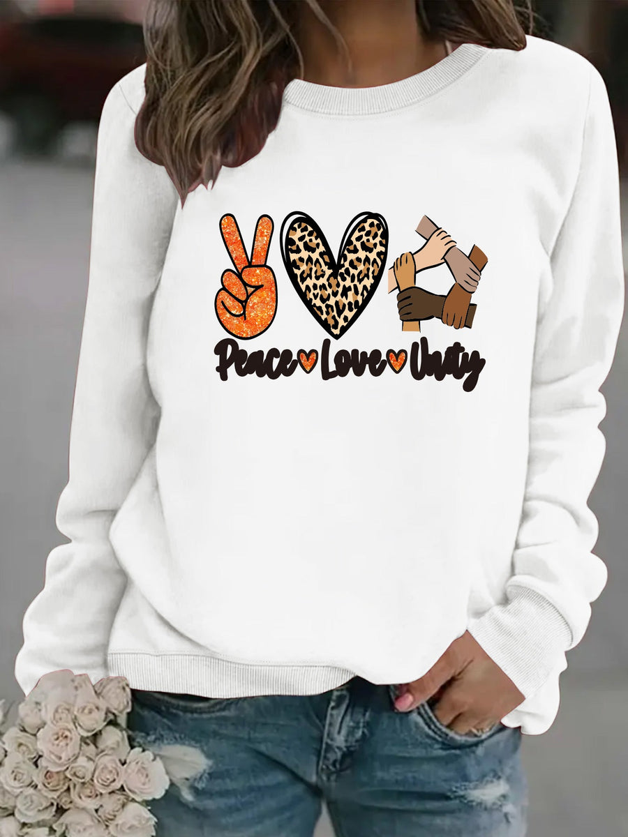 Damen Sweatshirt mit kreativem Peace, Love & Unity Motiv