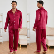 Herren Satin Schlafanzug-Set mit klassischem Kragen und eleganten Kontrastnähten Heidi-Mode