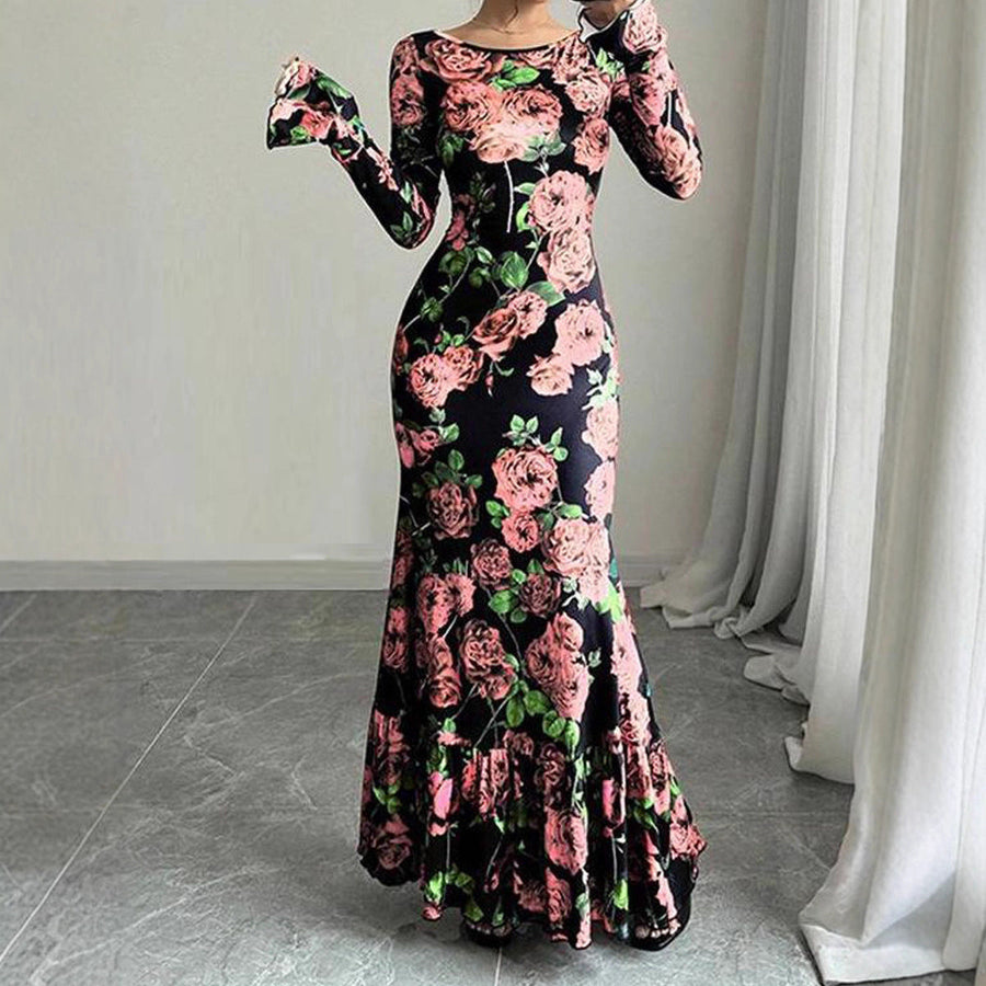 Damen Elegantes Maxikleid mit floralen Rüschendetails und langem Arm