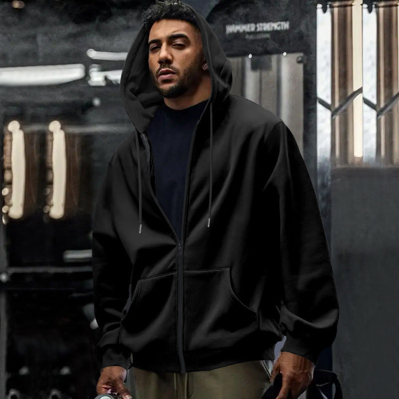 Herren nan oversized Zip-Hoodie mit durchgehendem Reißverschluss, Kängurutasche und gerippten Bündchen Drune