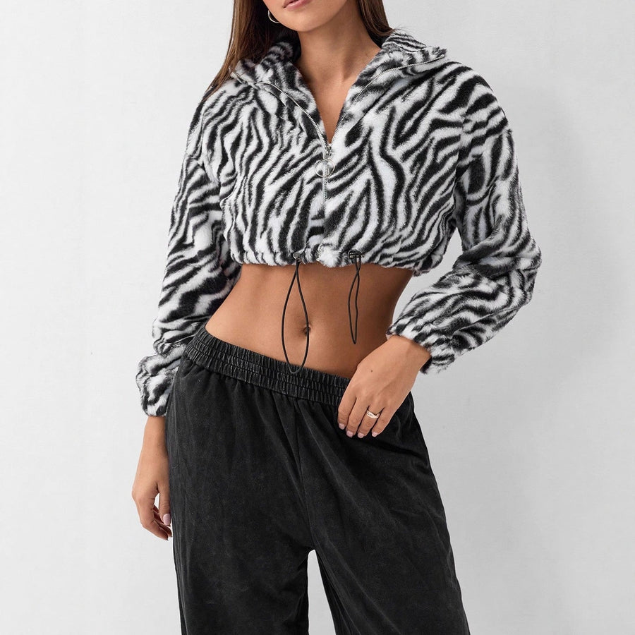 Damen cropped Fleece-Jacke mit modernem Zebra-Design und elastischen Bündchen