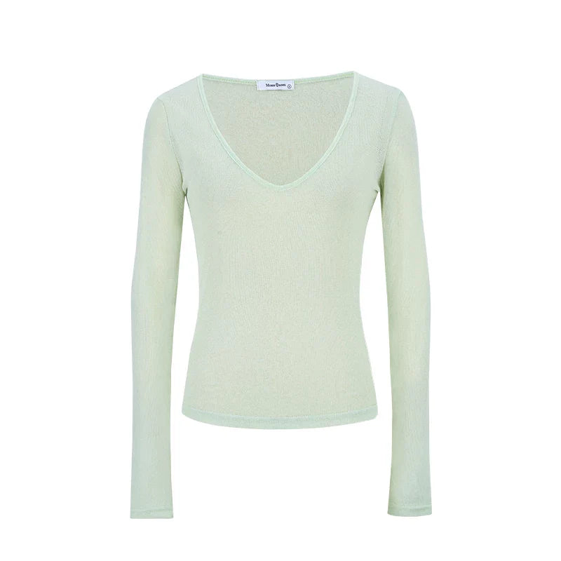 Leichtes Damen Langarm T-Shirt mit V-Ausschnitt und integrierten Cups