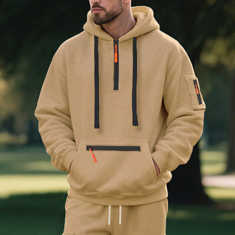 Herren nan technischer Freizeit-Hoodie mit kurzem mittigem Reißverschluss, Reißverschluss-Kängurutasche und Ärmeltasche Drune