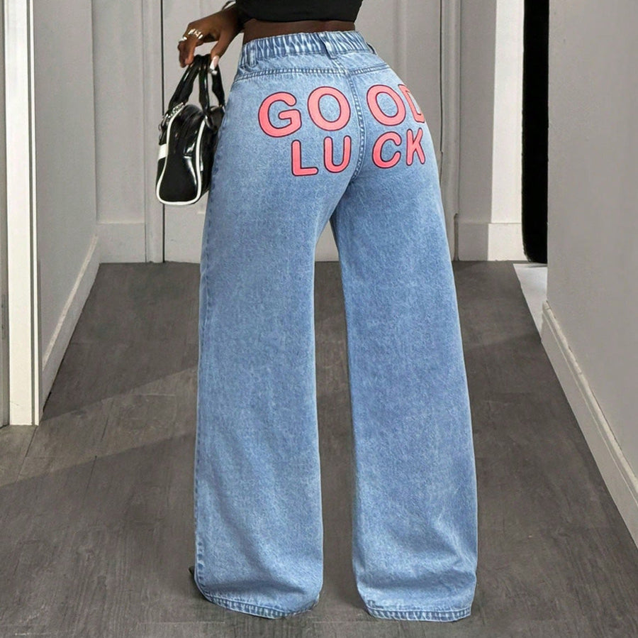 Damen High-Waist Wide-Leg Jeans mit statement Print