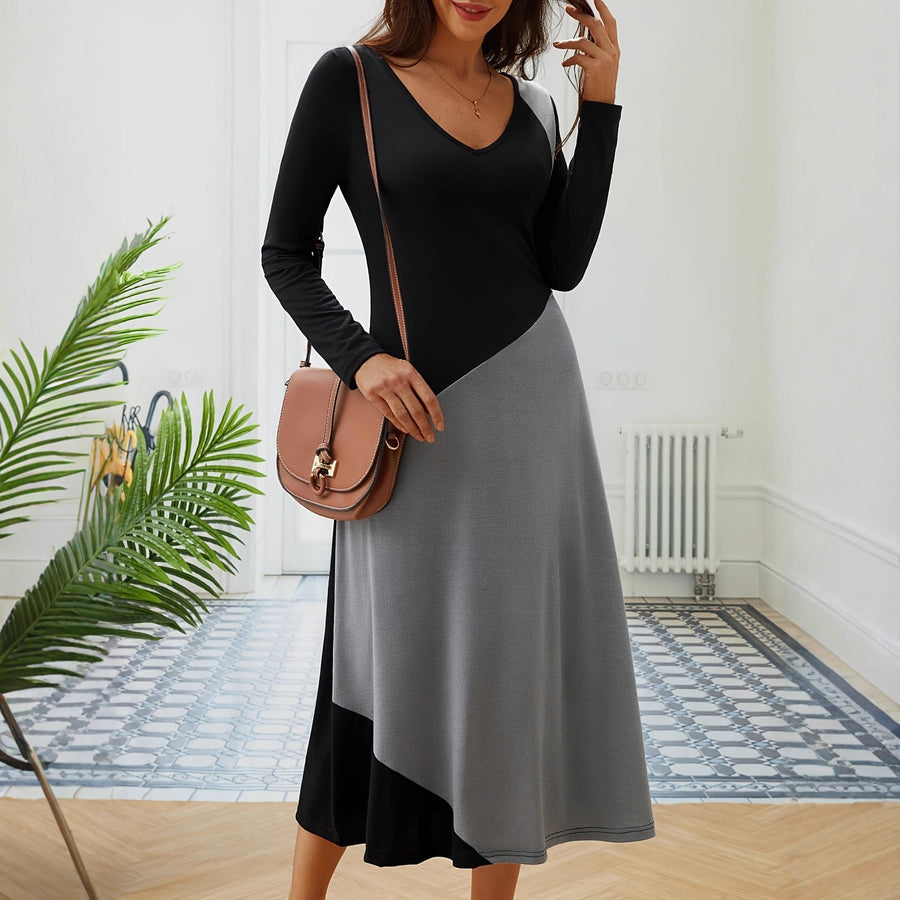 Damen figurbetontes Langarm-Kleid mit modernem Schnitt und Farbeinteilungen