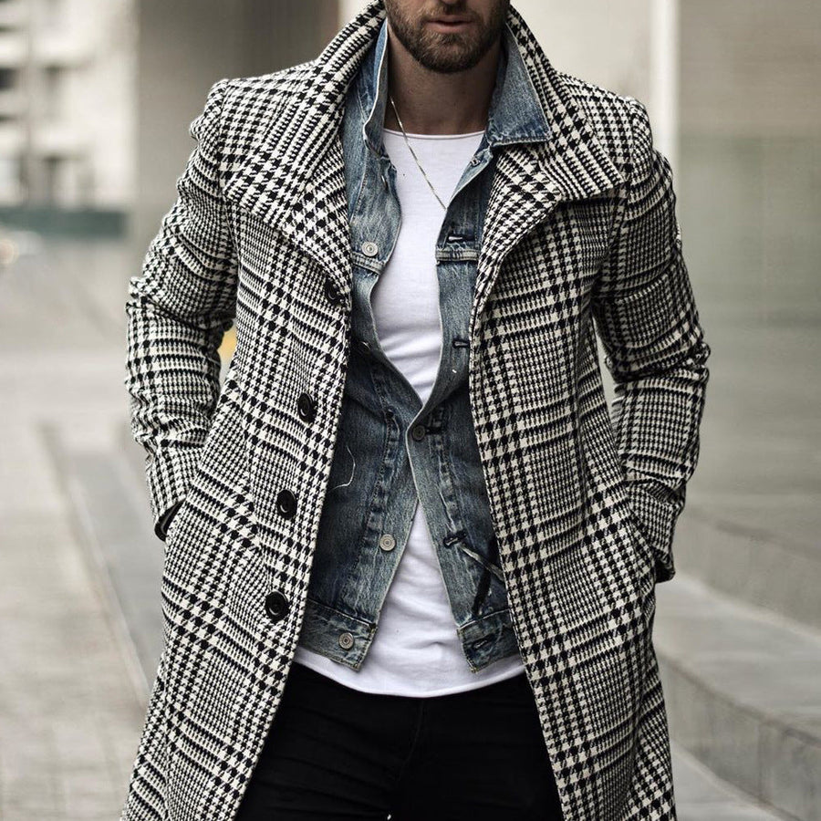 Herren eleganter Karomantel mit doppelter Knopfleiste und hochwertigem Innenfutter Aliams