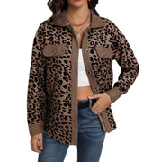 Damen Trendige Kordjacke mit Leo-Print und Brusttaschen