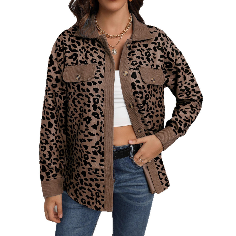 Damen Trendige Kordjacke mit Leo-Print und Brusttaschen