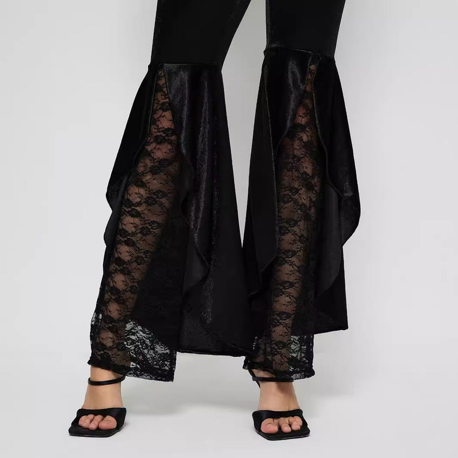 Damen elegante High-Waist Palazzo-Hose mit transparenten Spitzen-Einsätzen