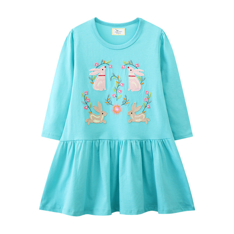 Mädchen Langarmkleid mit zauberhaften Hasen- und Blumenstickereien Drune