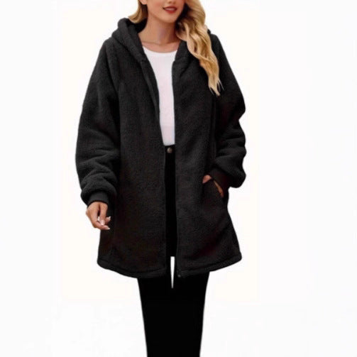 Damen Fleece-Mantel mit Taschen und Kapuze