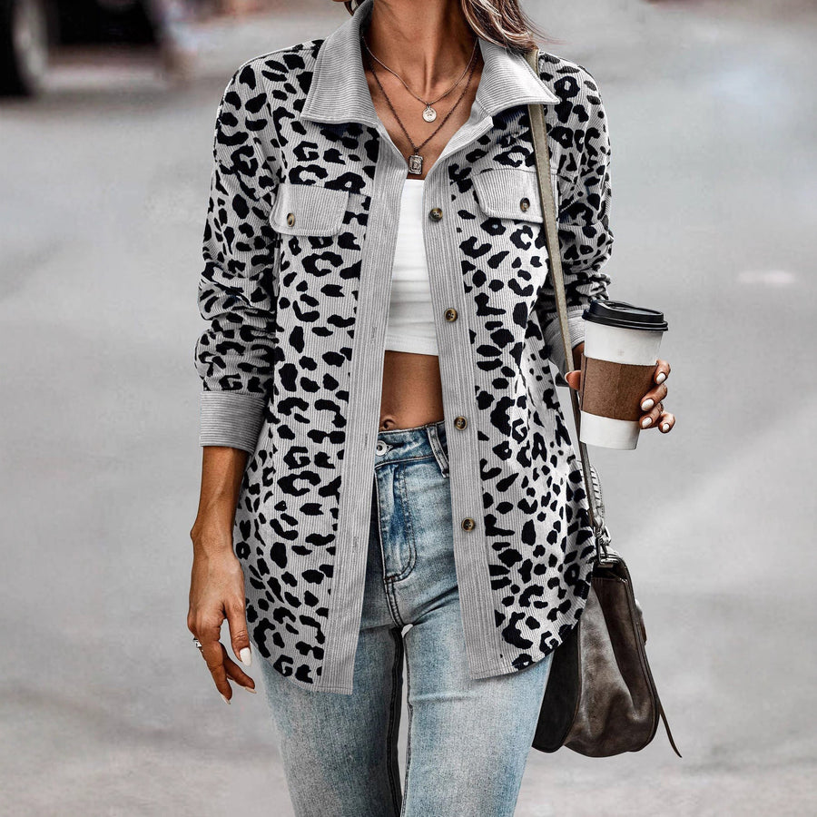 Damen Trendige Kordjacke mit Leo-Print und Brusttaschen