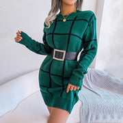 Warmes Kleid | Lockeres Strickkleid mit Karo-muster und langen Ärmeln für dich