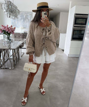Einfarbiger Rundhals-Lace-Up-Cardigan