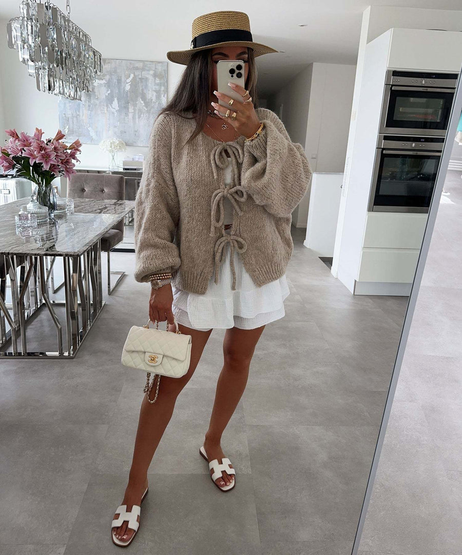 Einfarbiger Rundhals-Lace-Up-Cardigan