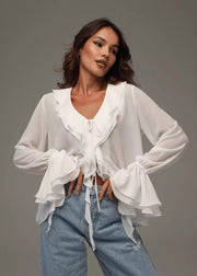Damen Bluse aus Chiffon mit Rüschen und V-Ausschnitt – Elegant und luftig
