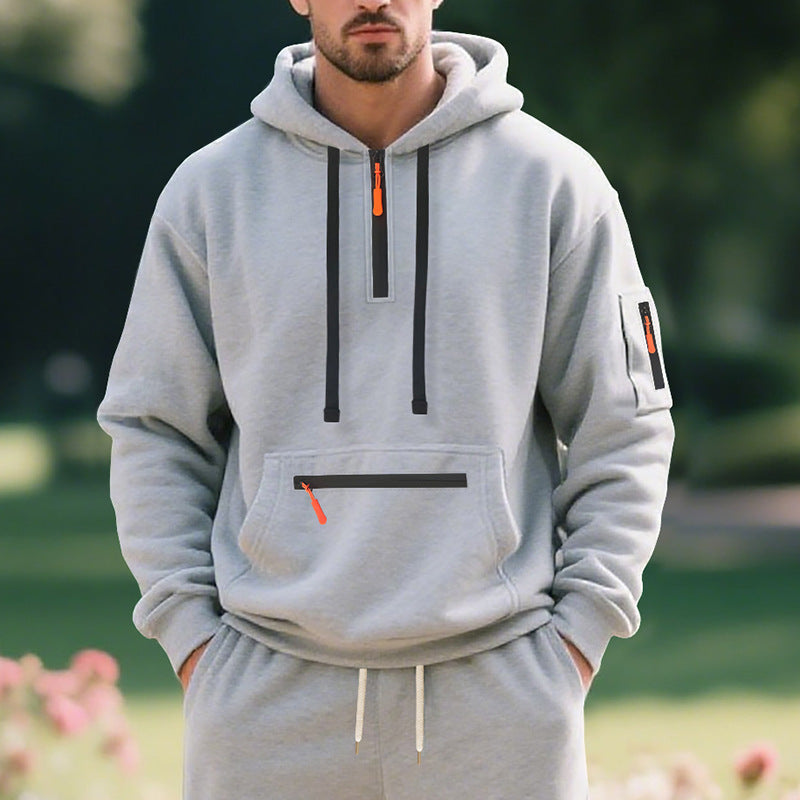 Herren nan technischer Freizeit-Hoodie mit kurzem mittigem Reißverschluss, Reißverschluss-Kängurutasche und Ärmeltasche Drune