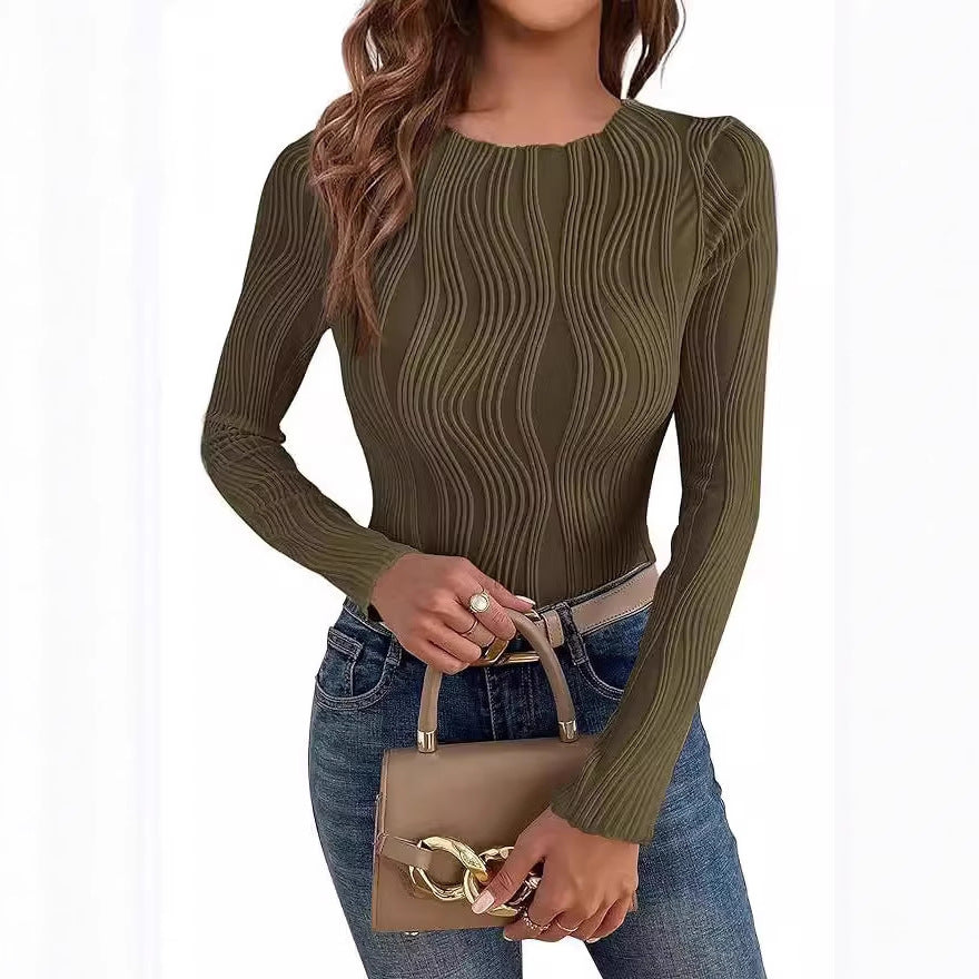 Damen nan figurbetontes Rippstrick-Longsleeve mit Wellendetail und Rundhalsausschnitt Drune